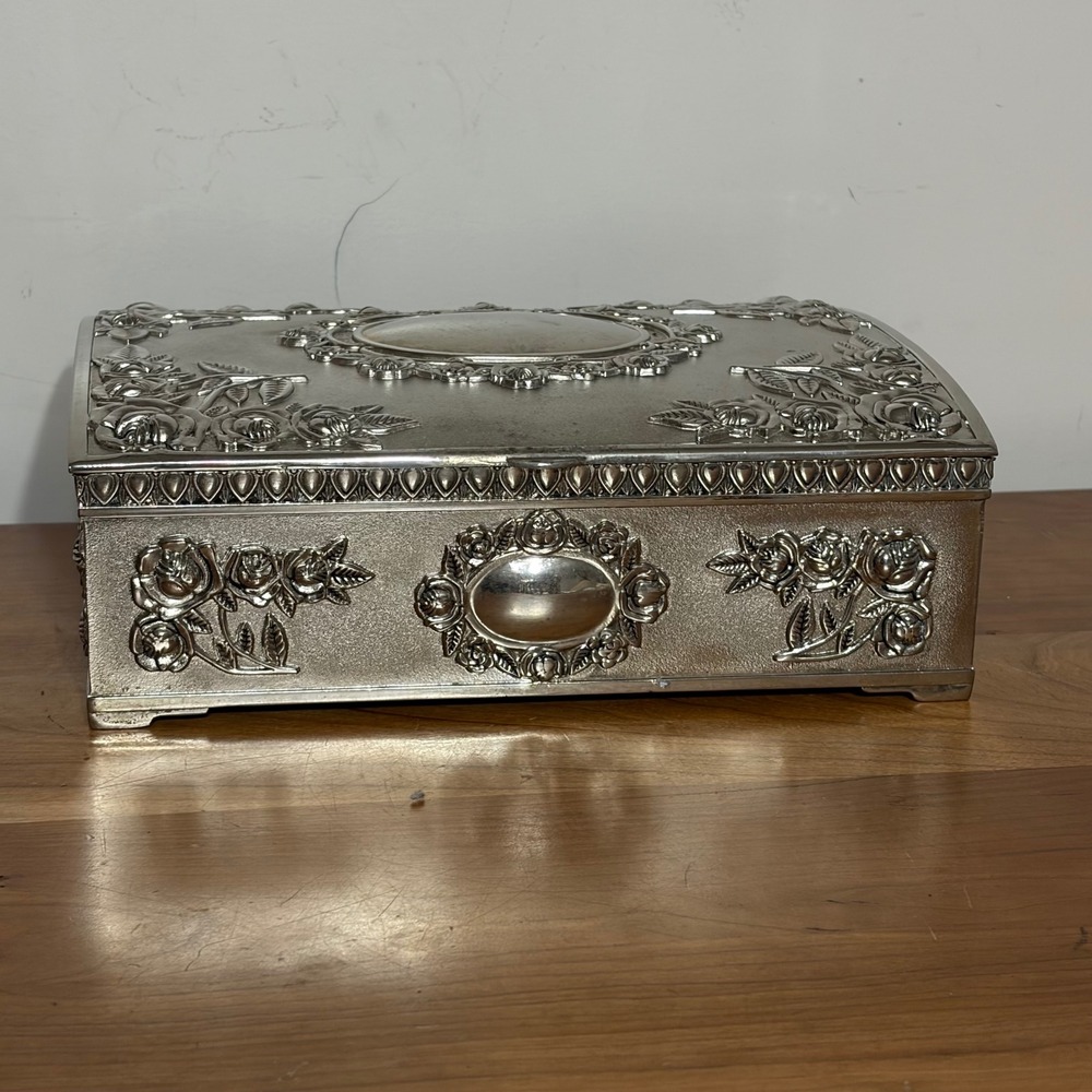 Godinger‎ Silver Plated Ornate Floral Rose Jewelry Box Burgundy Velvet Lining